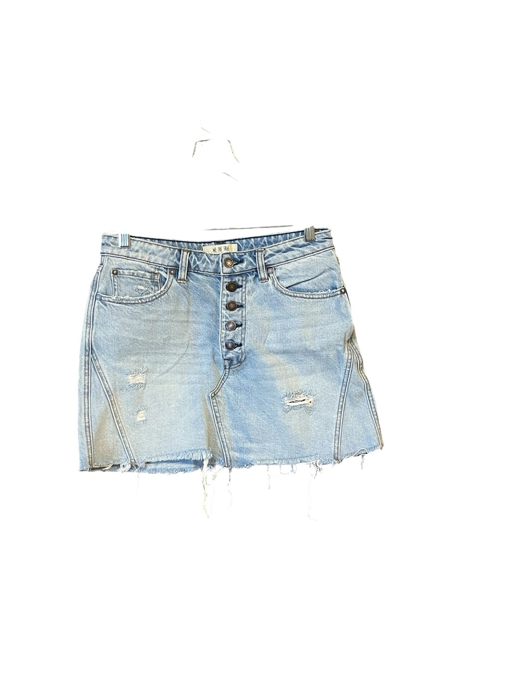 We The Free Denim Mini Skirt Size 28 Button Fly Distressed Raw Hem Blue Jean